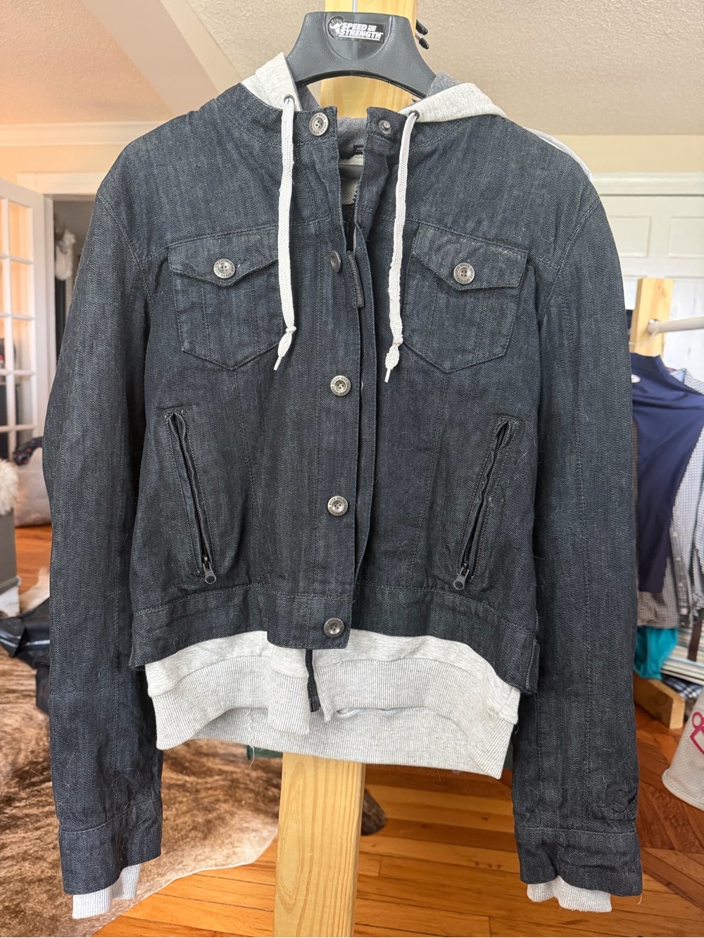 Womens Speed & Strength Fast Times Hooded Denim Motorcycle Jacket, Large NWOT